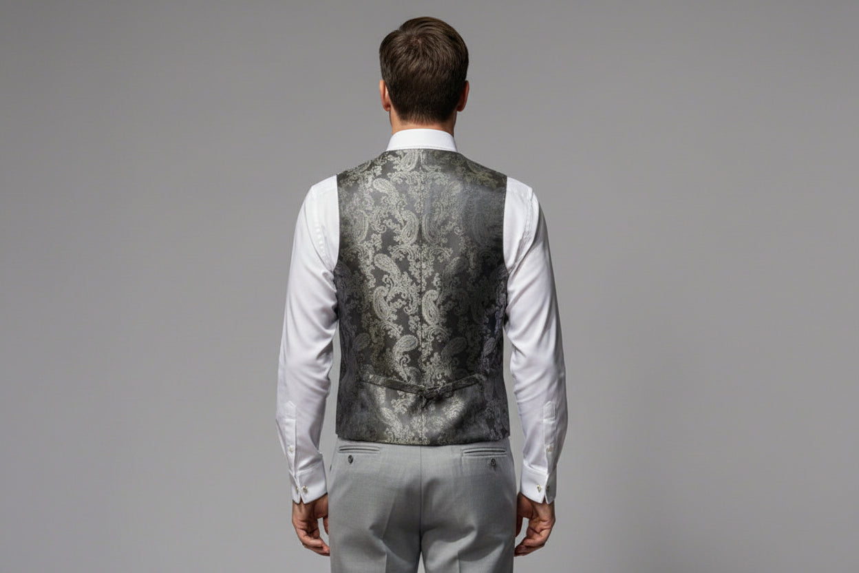 Mannequin wearing a patterned vest over a white shirt on a gray background