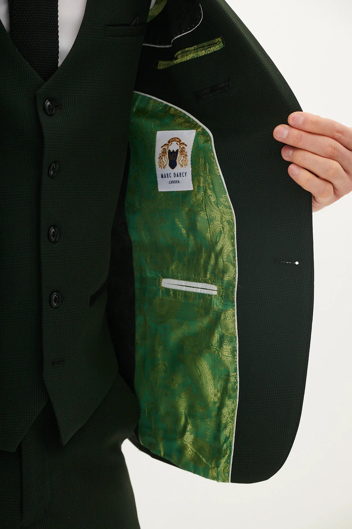 A pair of marine navy check trousers with a Prince of Wales style check pattern, featuring tan buttons and a slim fit.