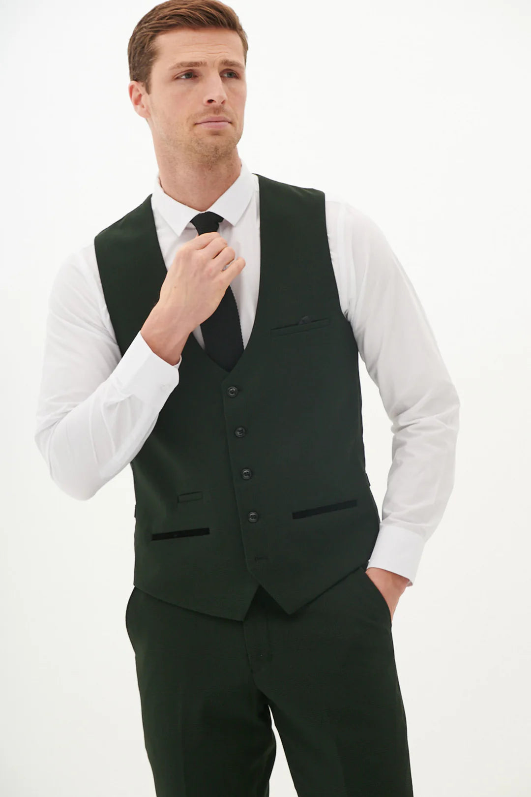 A pair of marine navy check trousers with a Prince of Wales style check pattern, featuring tan buttons and a slim fit.