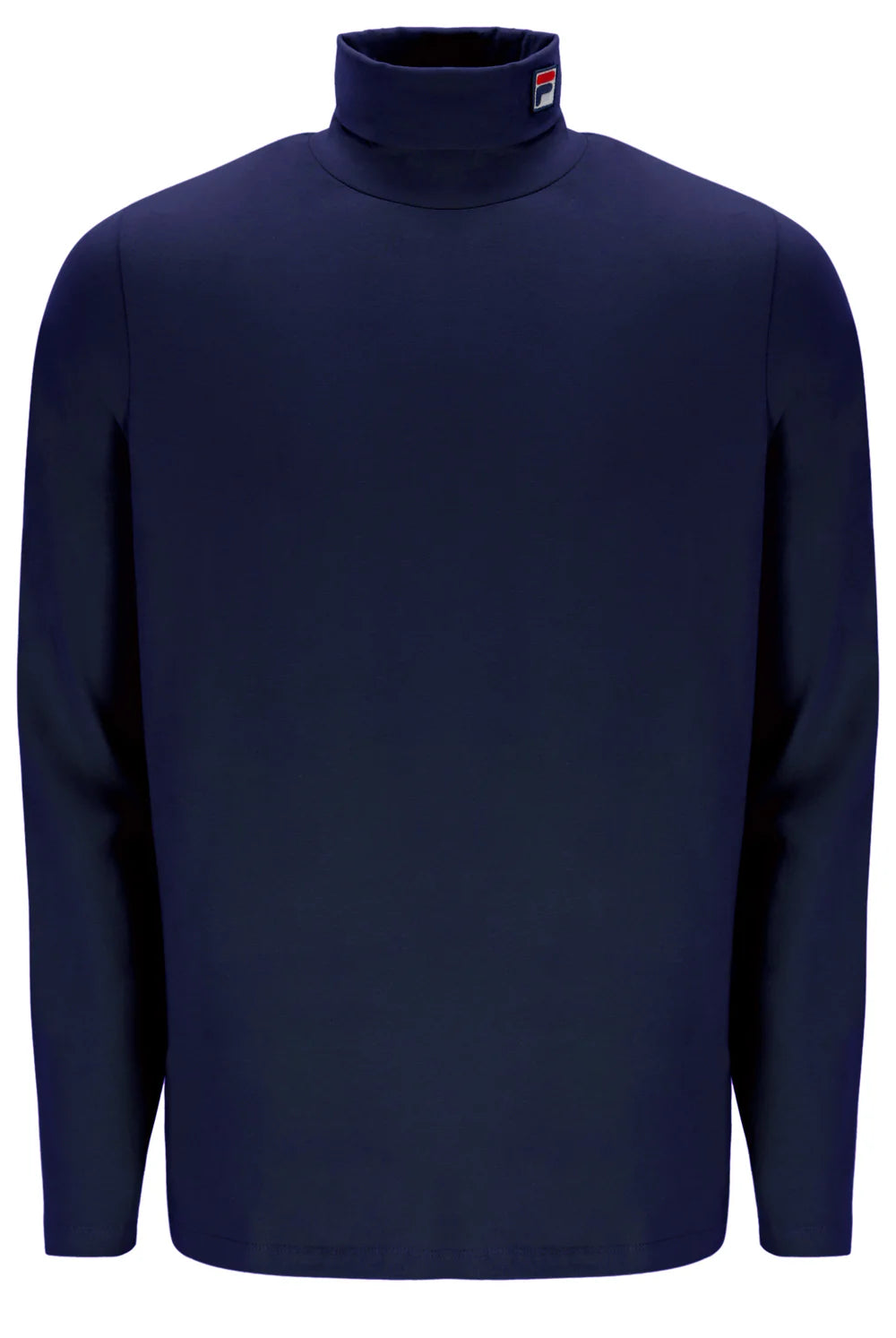 Navy blue turtleneck sweater with a brand logo on a white background