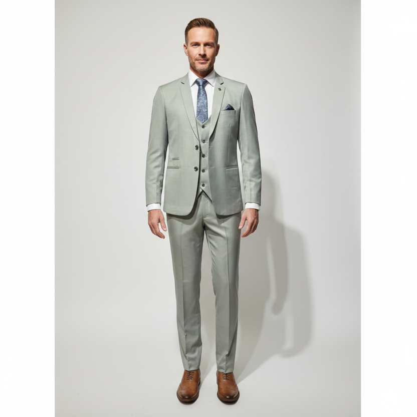 A three-piece sage suit on a mannequin, featuring a jacket, trousers, and a vest, with a patterned tie and brown shoes.