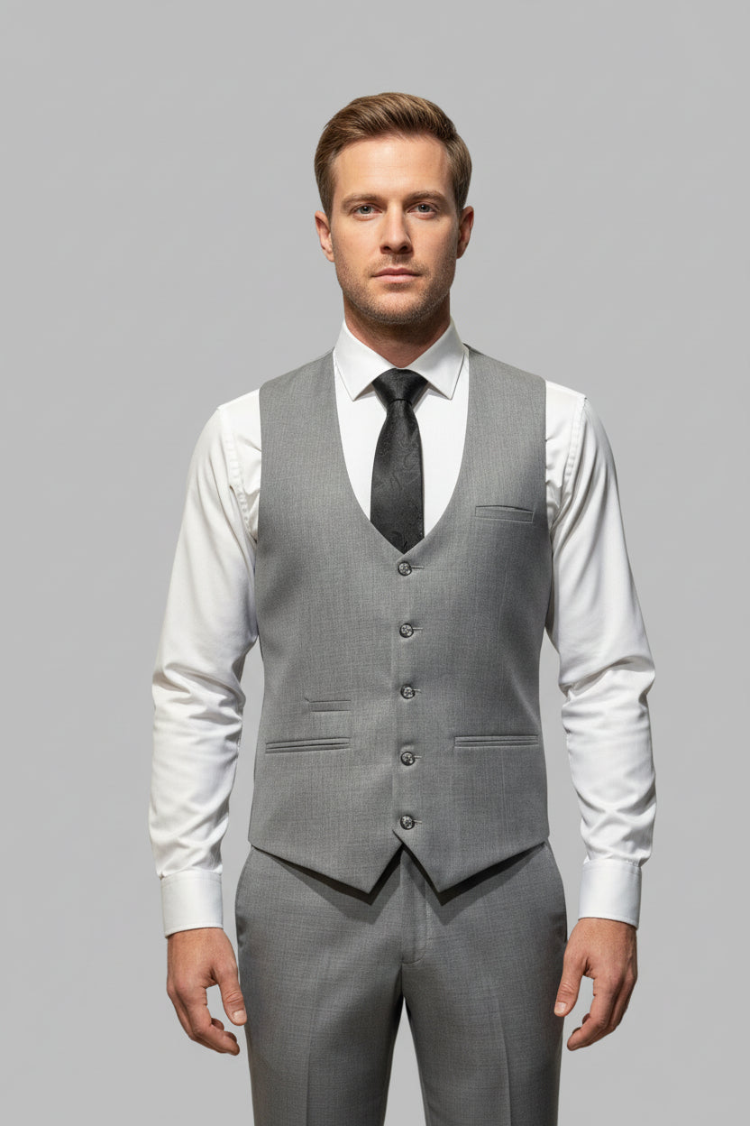 Gray suit and black tie on a mannequin against a white background.