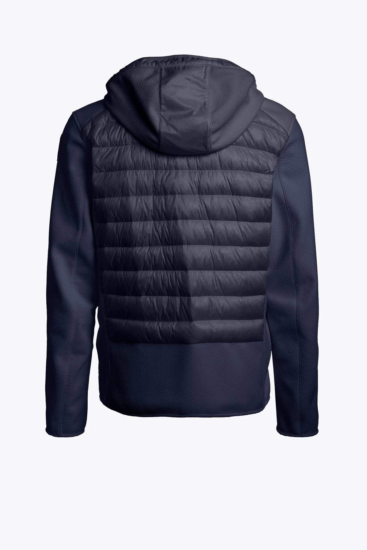 A dark navy hooded jacket with a quilted puffer-style back panel and smooth sleeves, shown from the back on a light gray background.