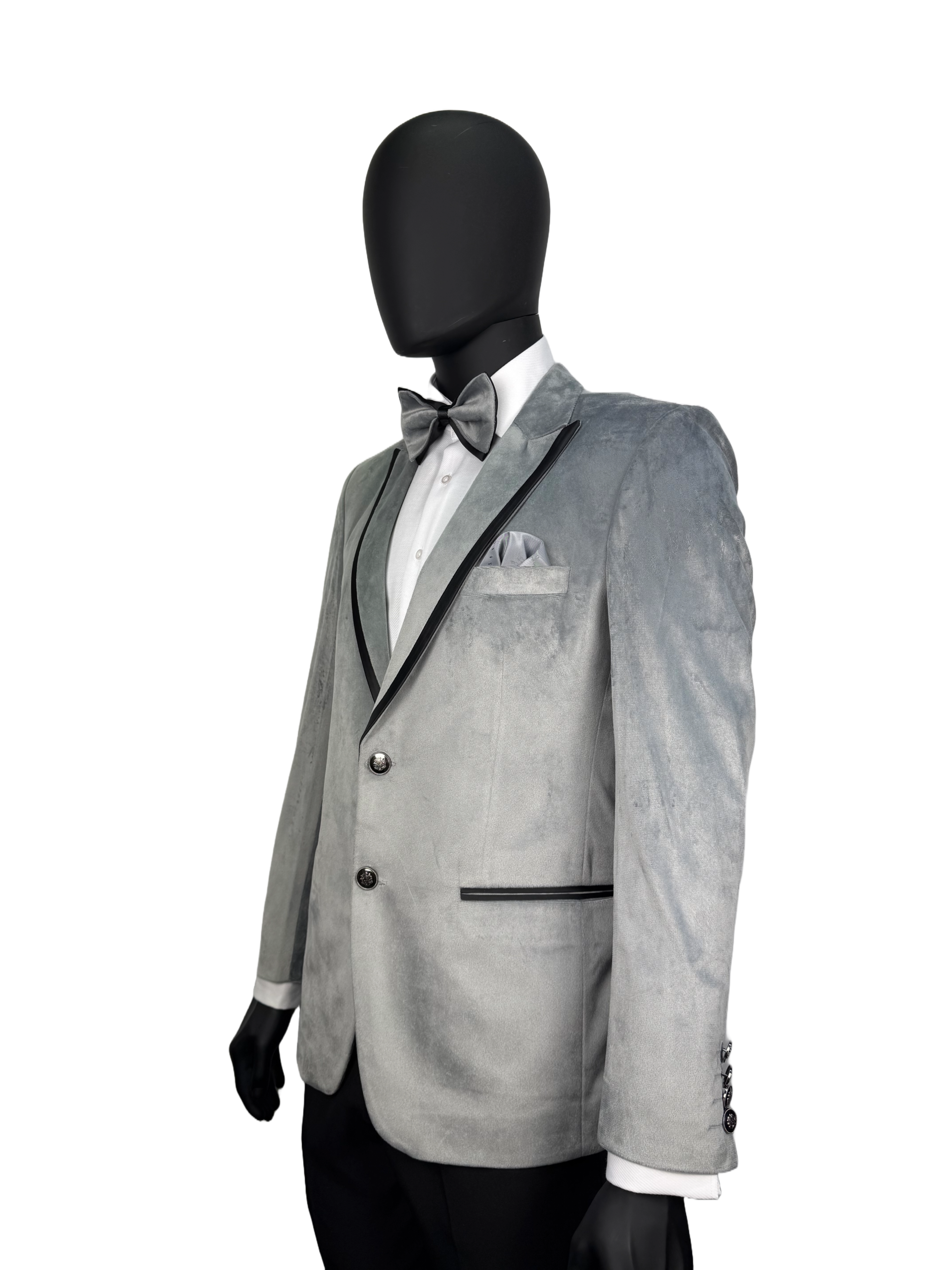 Gray tuxedo jacket with bow tie on mannequin against white background