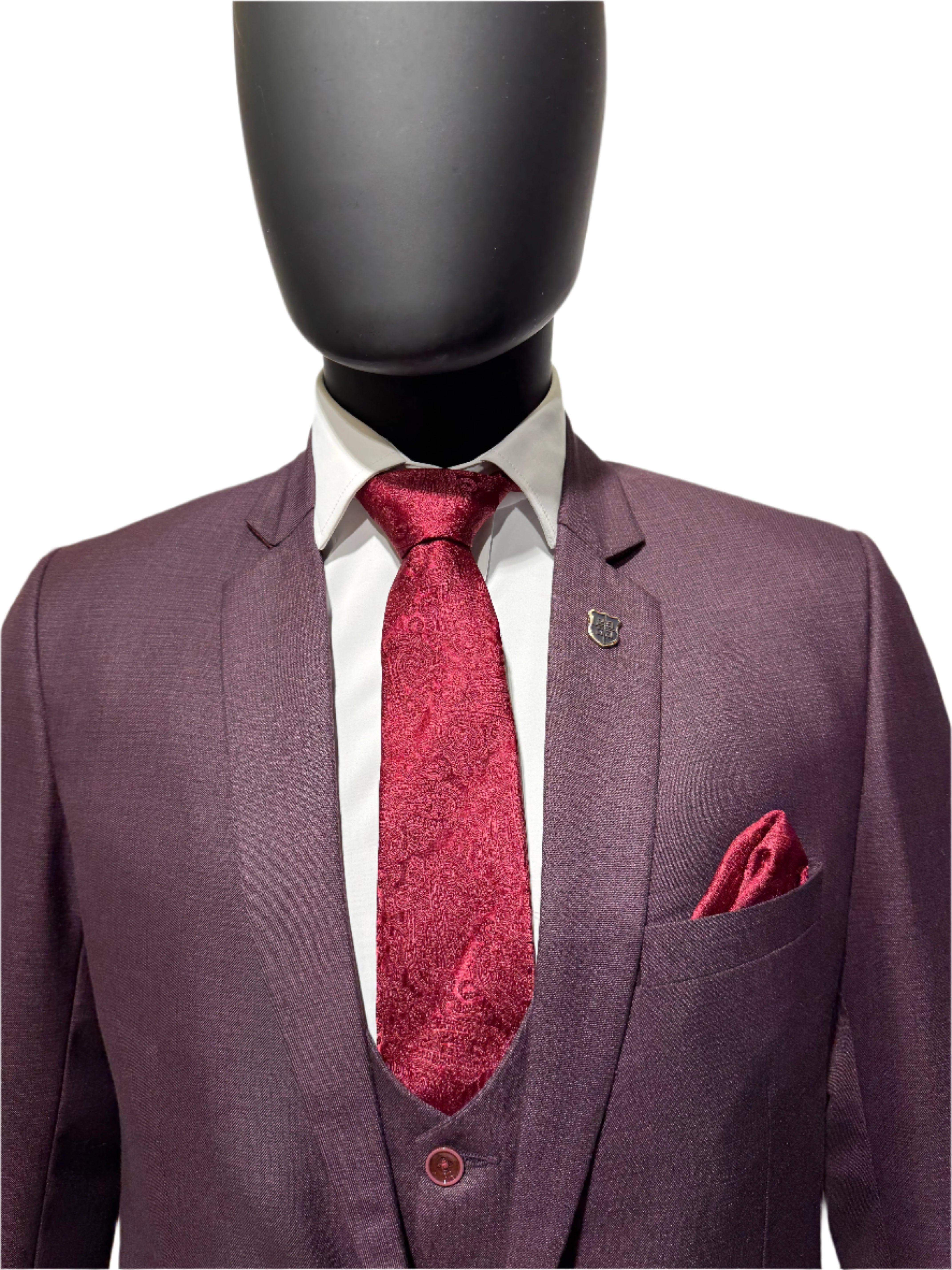 Close-up of a burgundy suit with a tie being adjusted.