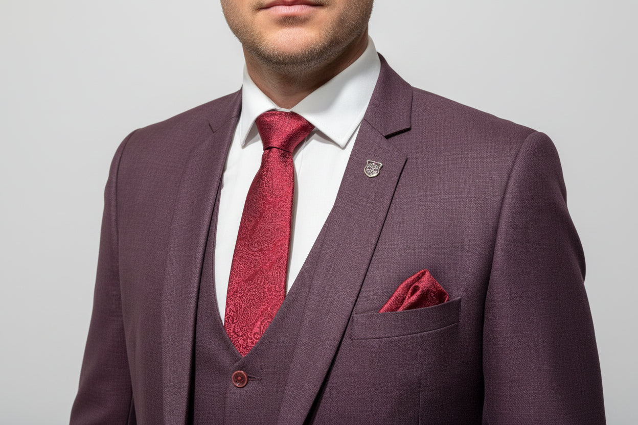 Close-up of a burgundy suit with a tie being adjusted.