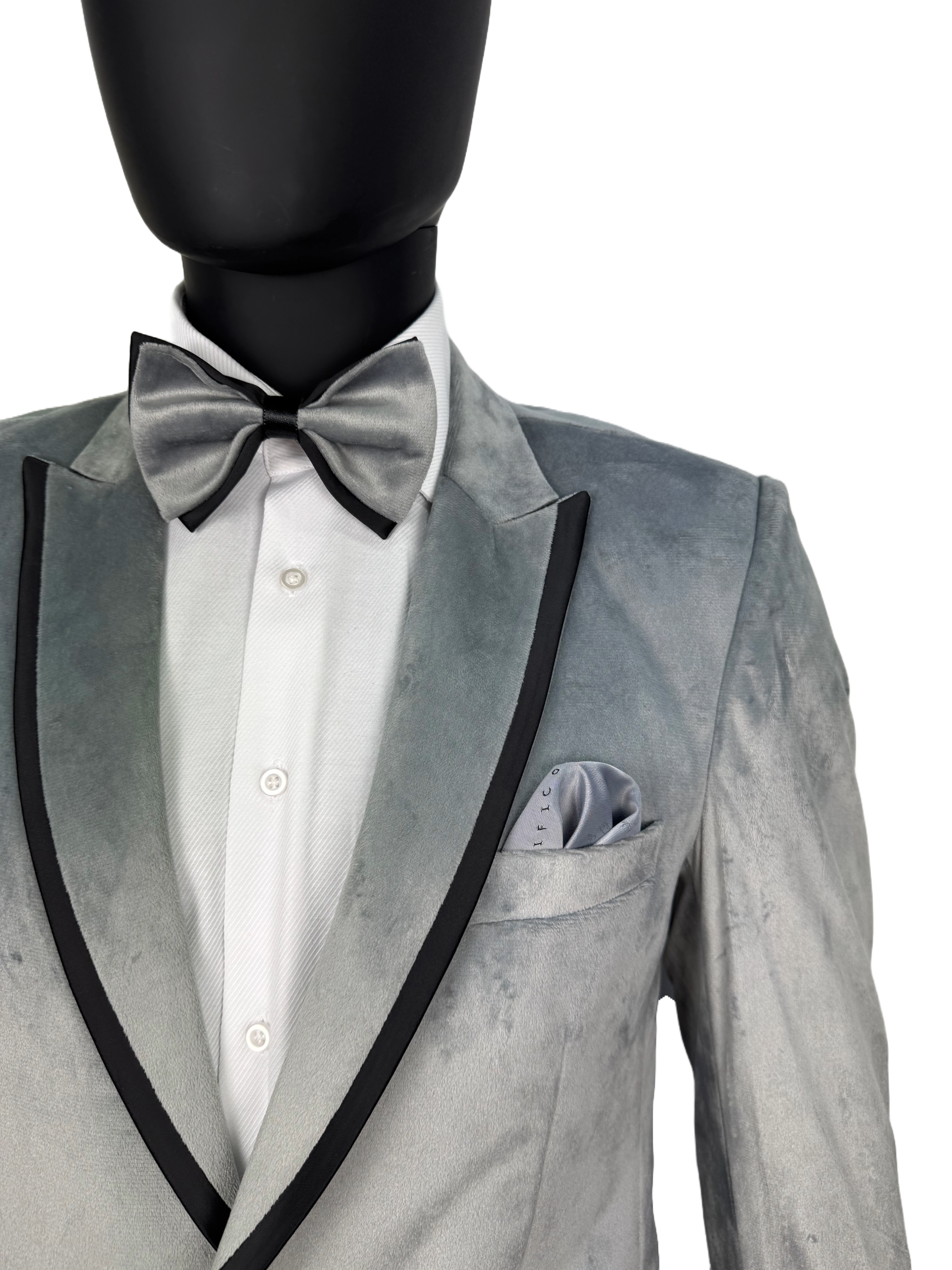 Gray tuxedo with black lapels on a mannequin.