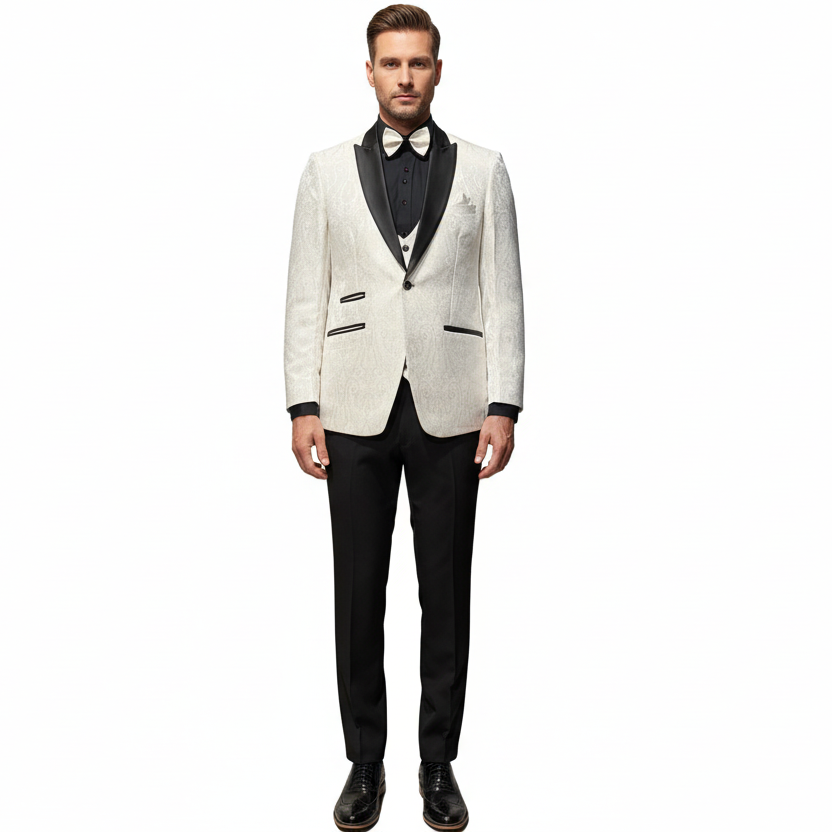 A mannequin displaying an off white tuxedo suit with black trousers, a bow tie, and black shoes.