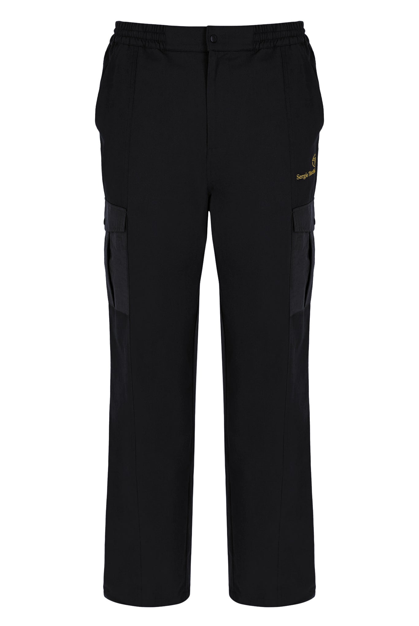 A pair of Sergio Tacchini Antonio Cargo Pants in black, displaying the front view with crinkle nylon cargo pockets and adjustable cuffs.