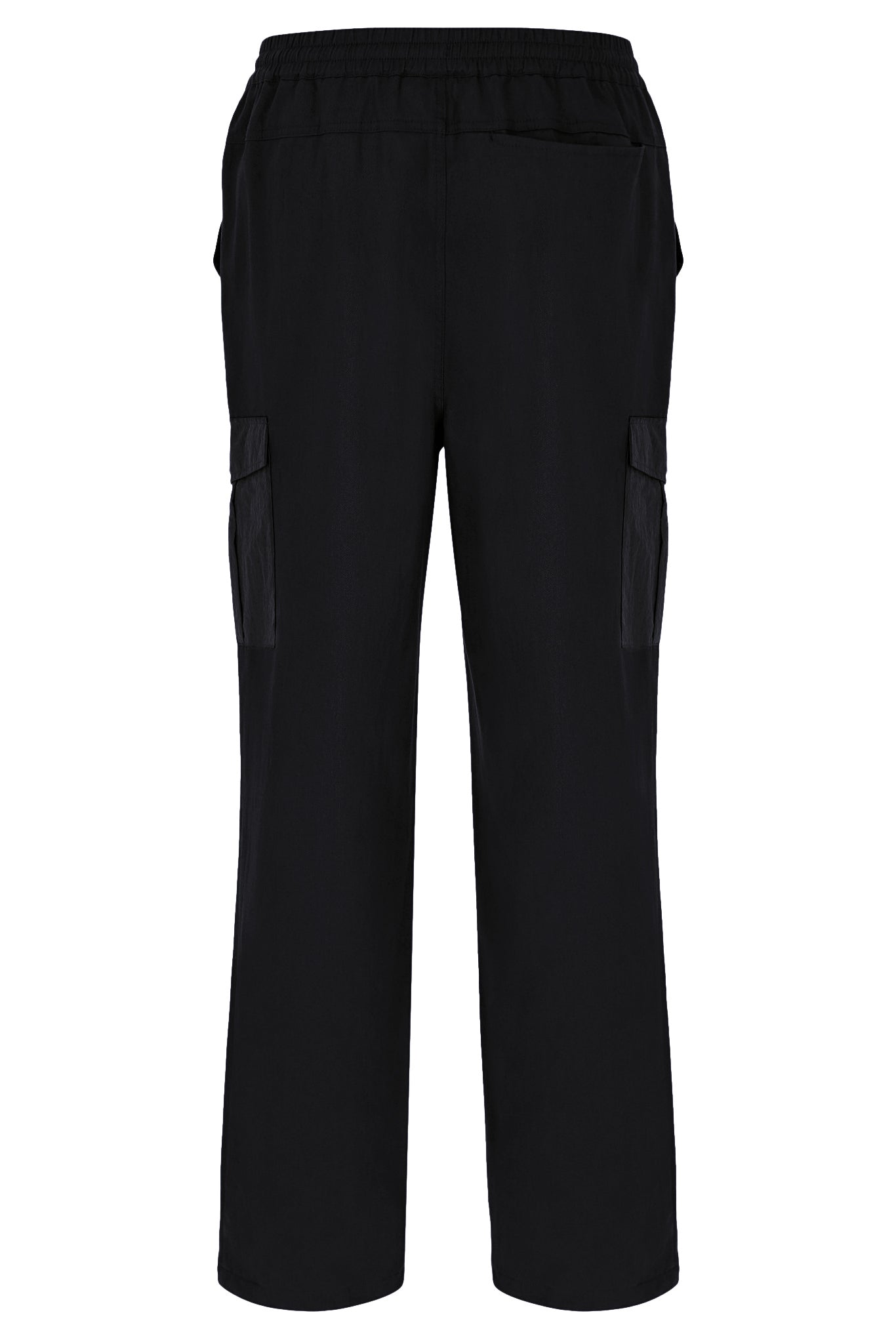 A pair of Sergio Tacchini Antonio Cargo Pants in black, displaying the front view with crinkle nylon cargo pockets and adjustable cuffs.
