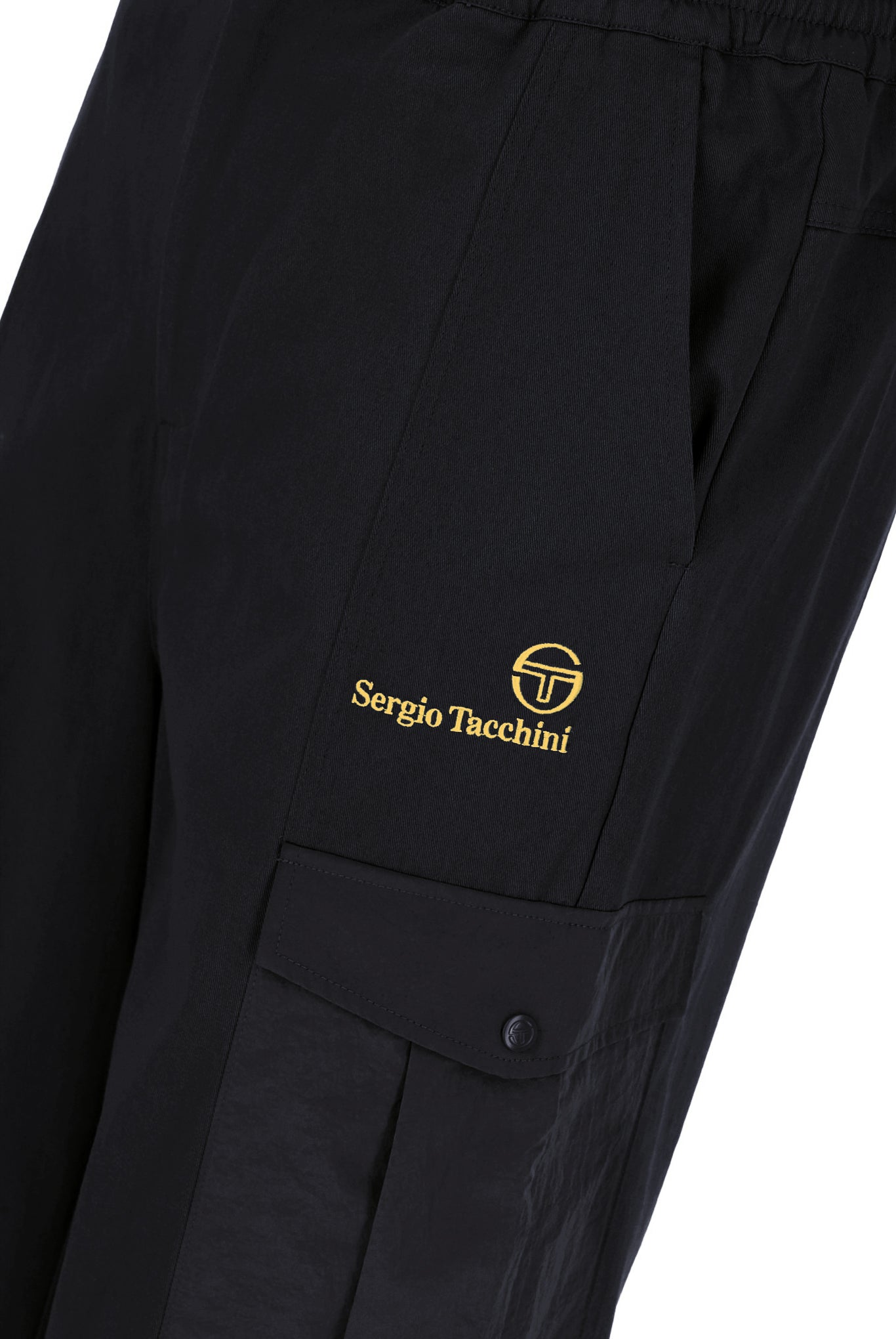 A pair of Sergio Tacchini Antonio Cargo Pants in black, displaying the front view with crinkle nylon cargo pockets and adjustable cuffs.