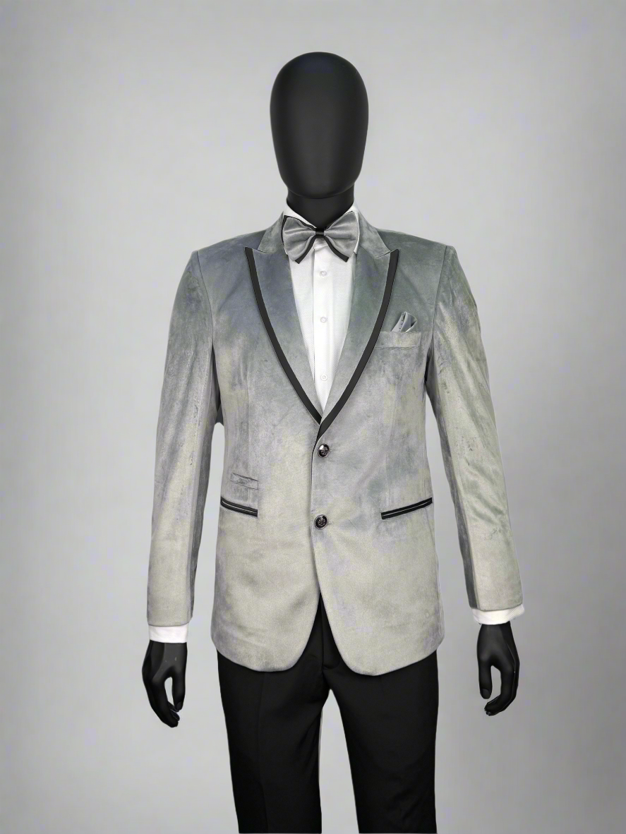 Mannequin wearing a silver blazer with a bow tie on a gray background