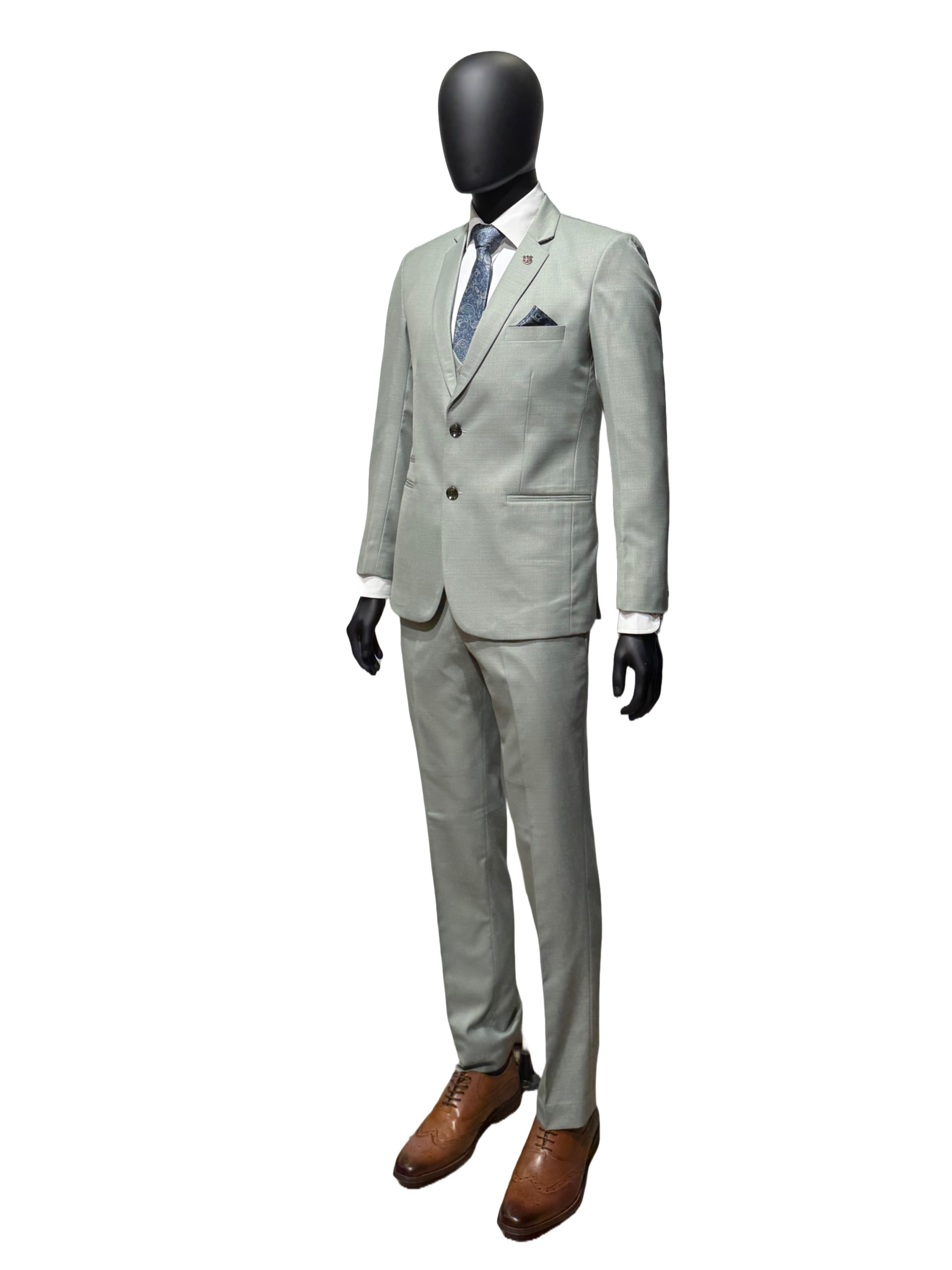 Light gray suit on a mannequin with a white background
