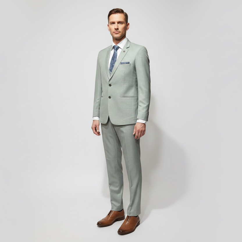 Light gray suit on a mannequin with a white background
