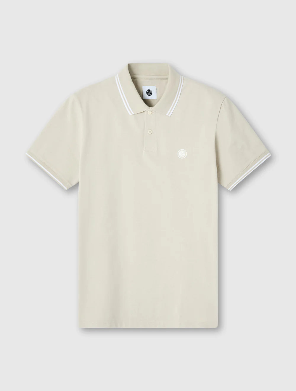 Beige polo shirt with white trim on a light gray background