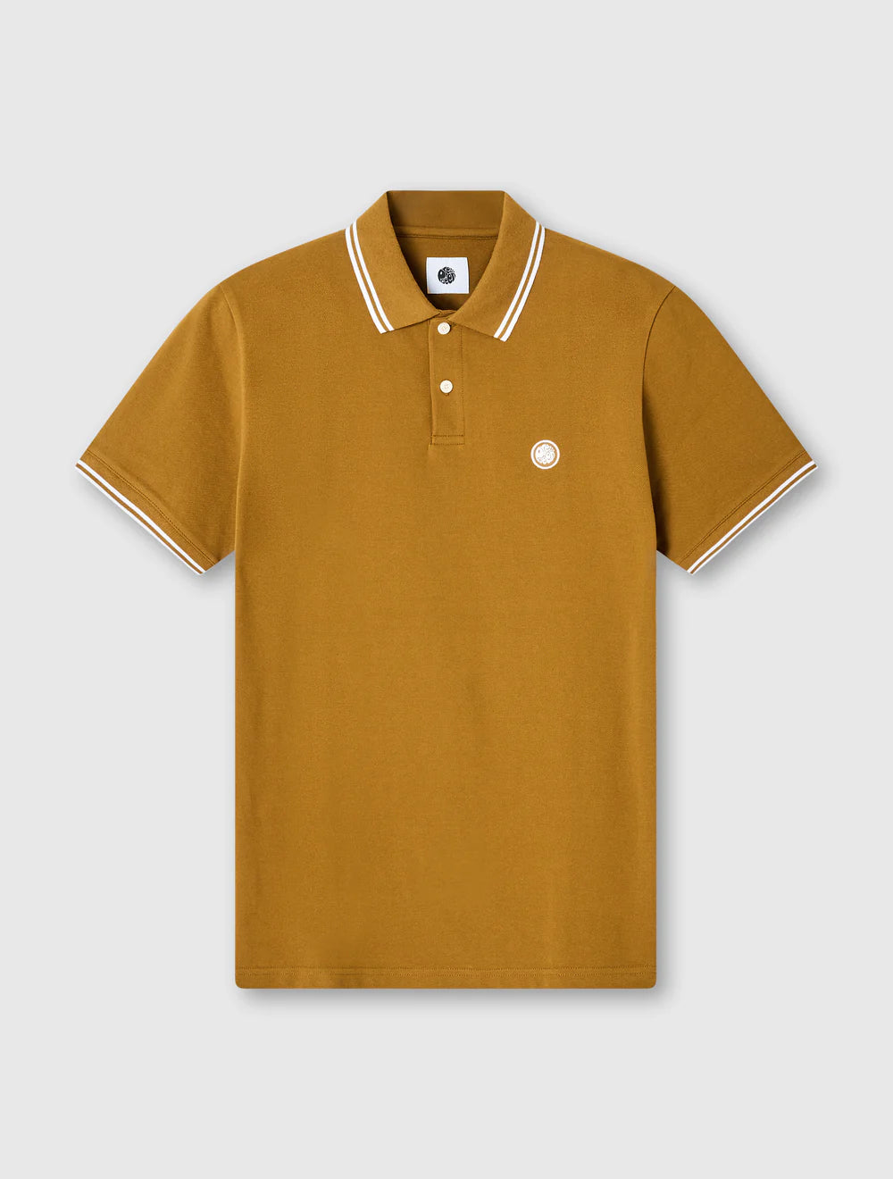 Brown polo shirt with white trim on a light gray background