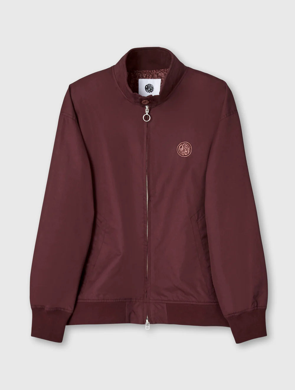 Maroon jacket with a logo on a light gray background
