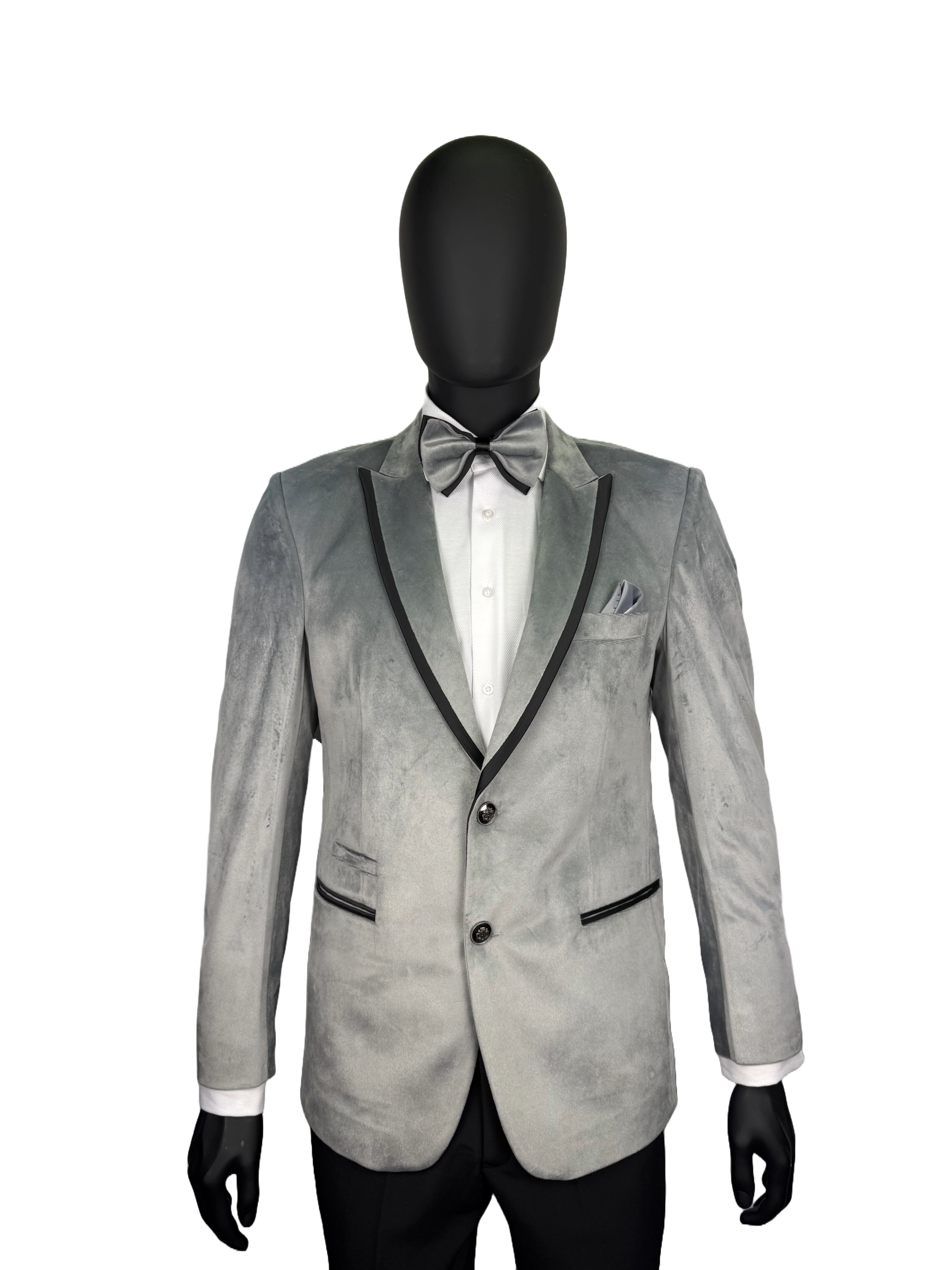 Gray blazer with black lapels on a mannequin.