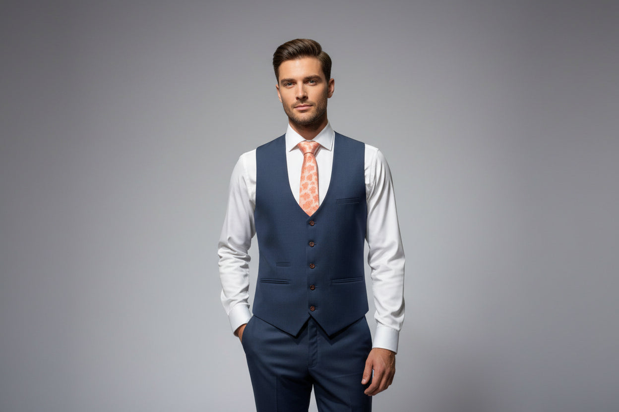 Mannequin wearing a navy suit with a white shirt and patterned tie on a white platform.