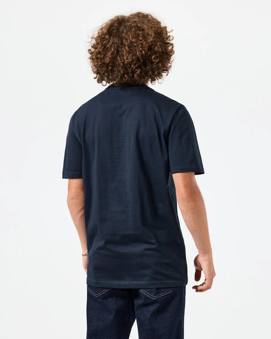 Person wearing a navy blue t-shirt on a white background