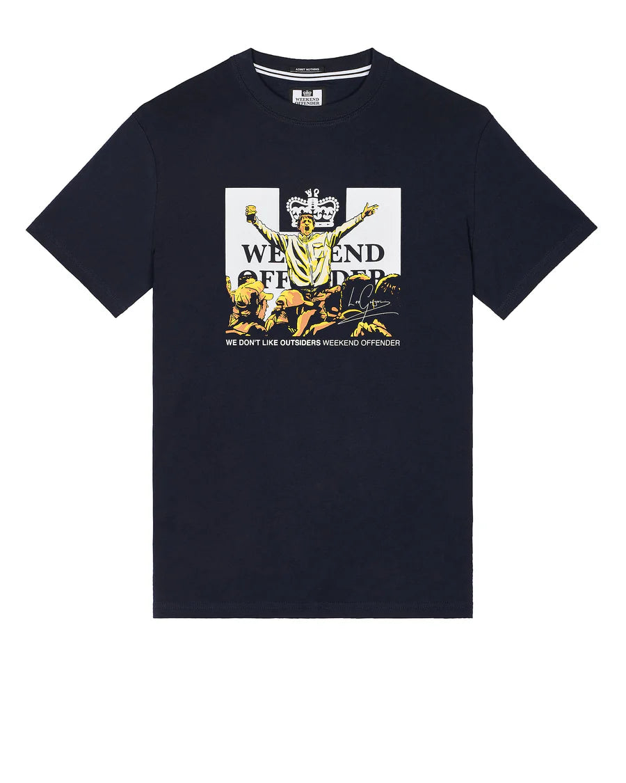 Navy colored crew neck t-shirt with a large graphic print on the chest featuring text and a character illustration.