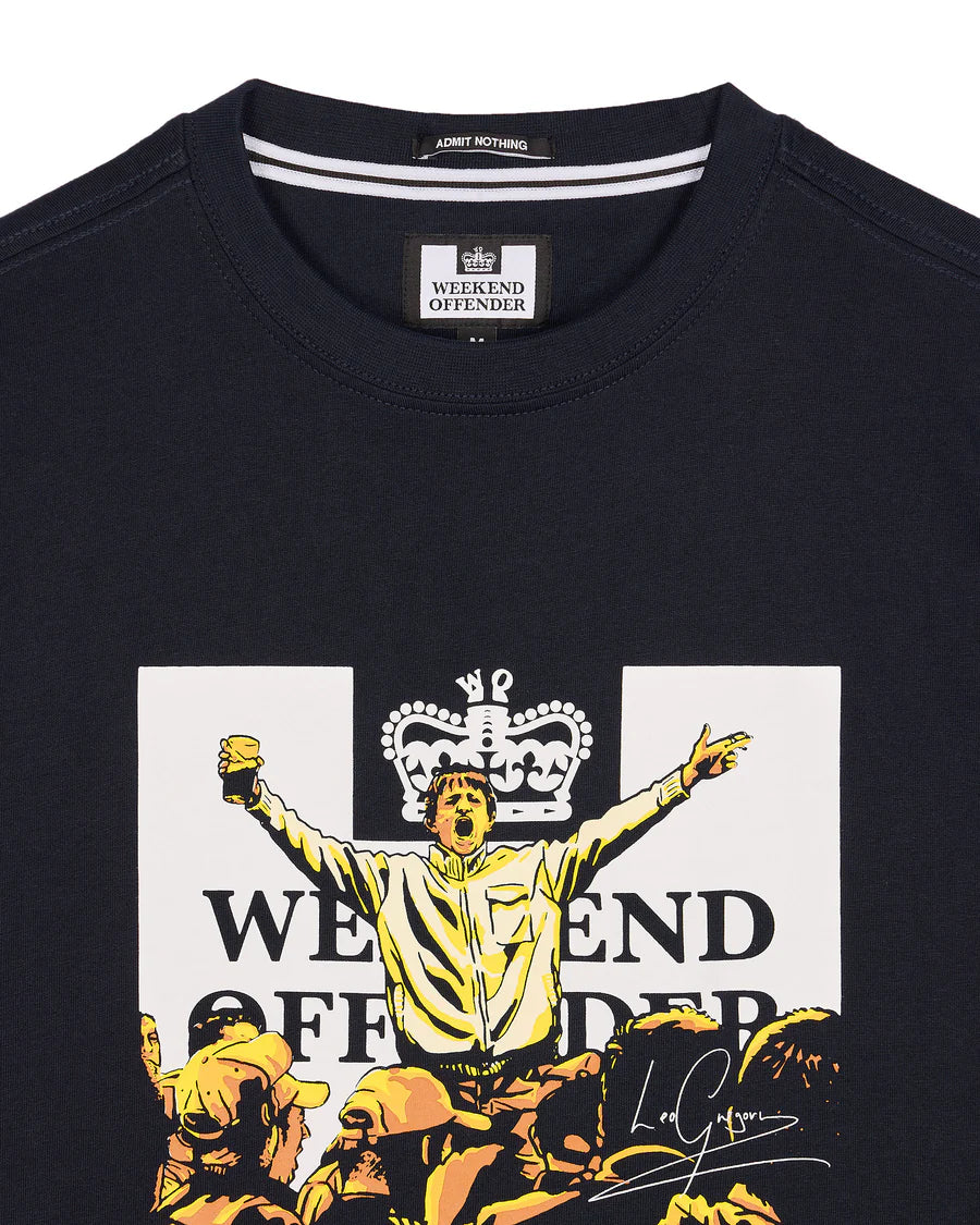 Black t-shirt with graphic design and 'Weekend Offender' branding