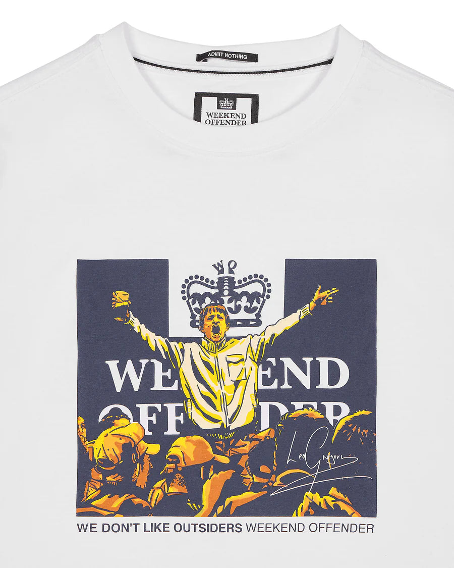 White t-shirt with graphic design and 'Weekend Offender' branding on a white background