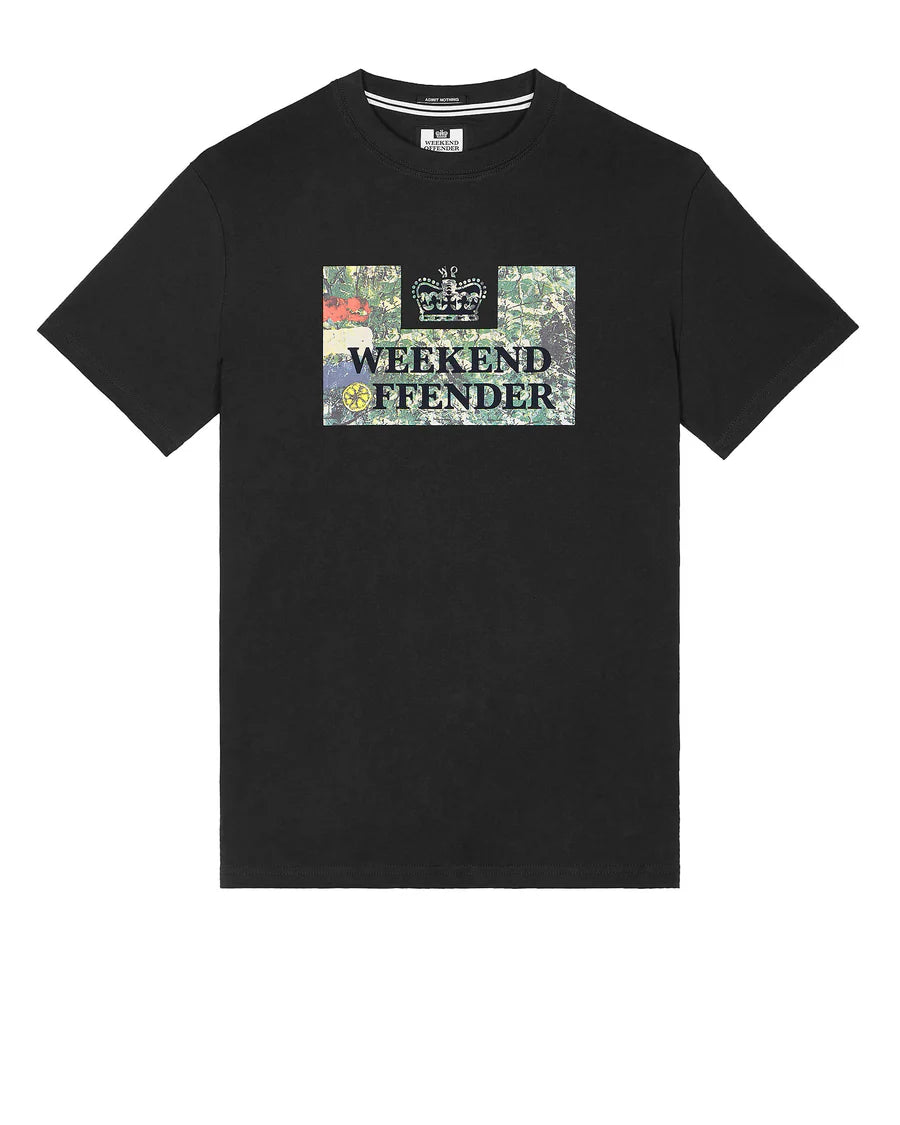 A black Weekend Offender graphic t-shirt with a colorful camouflage print on the chest and text on the upper chest area.