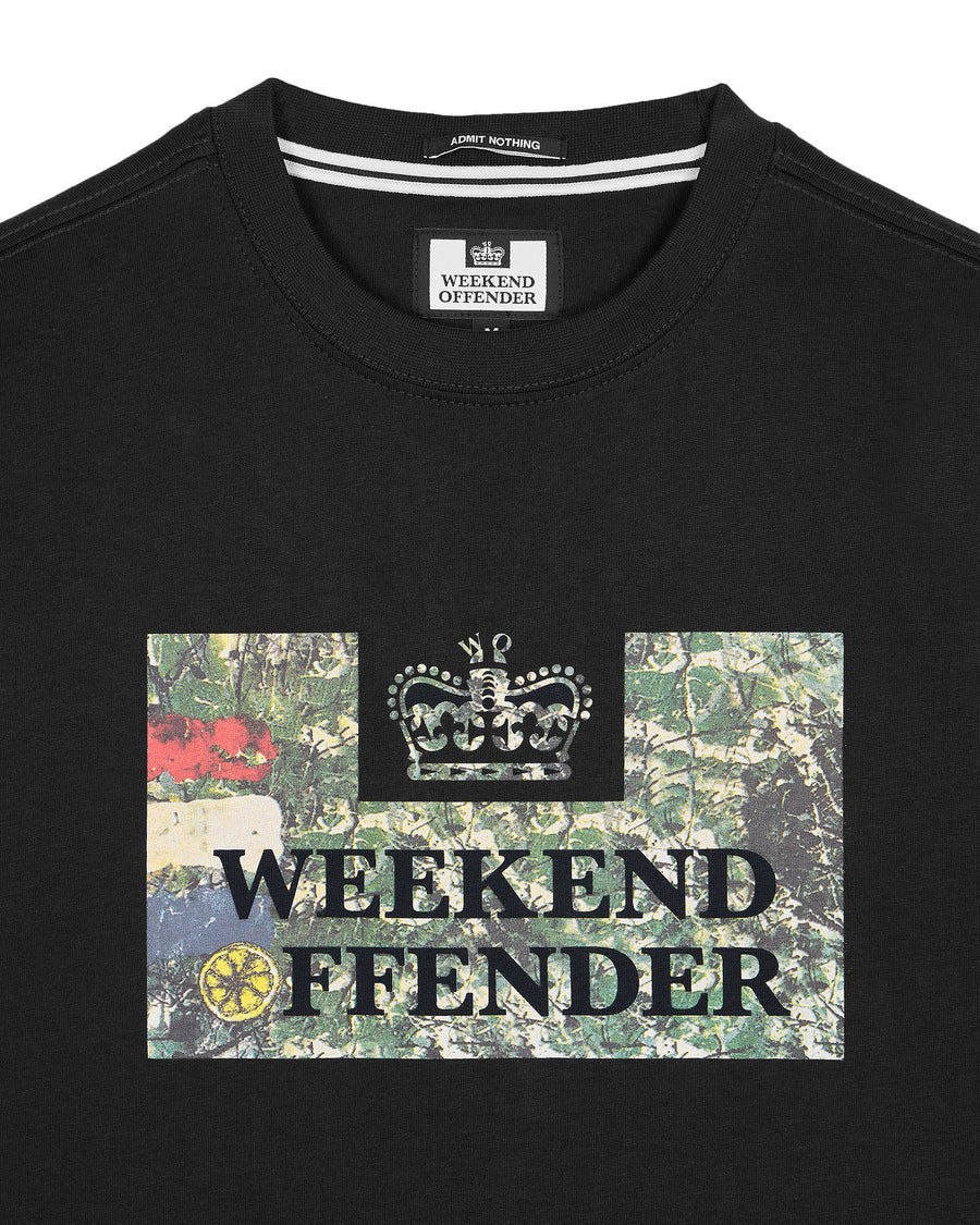 Black sweatshirt with 'Weekend Ffender' graphic design on a white background