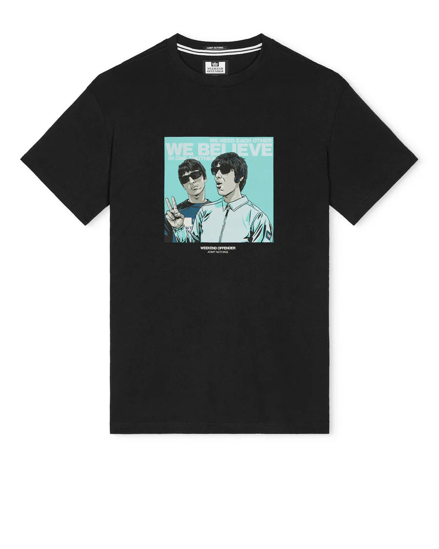 Black t-shirt with graphic design of two people and text on a white background