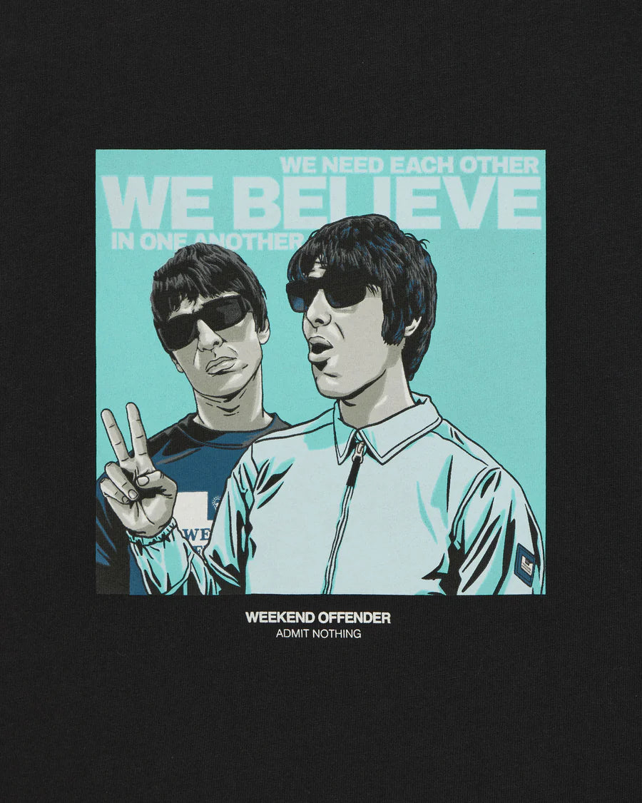 Album cover with two people and text 'We Believe' on a black background