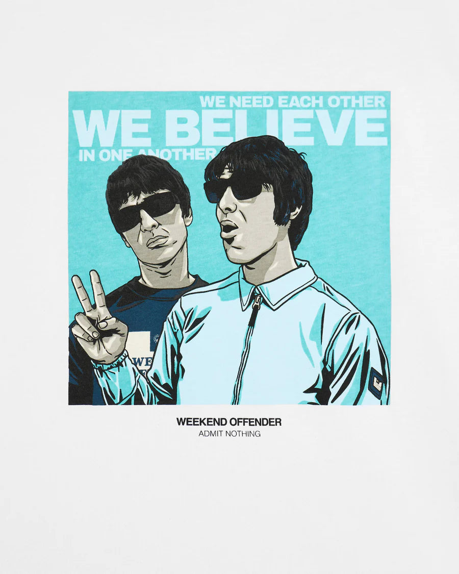 Album cover with two people and text 'We Believe In One Another' on a light blue background