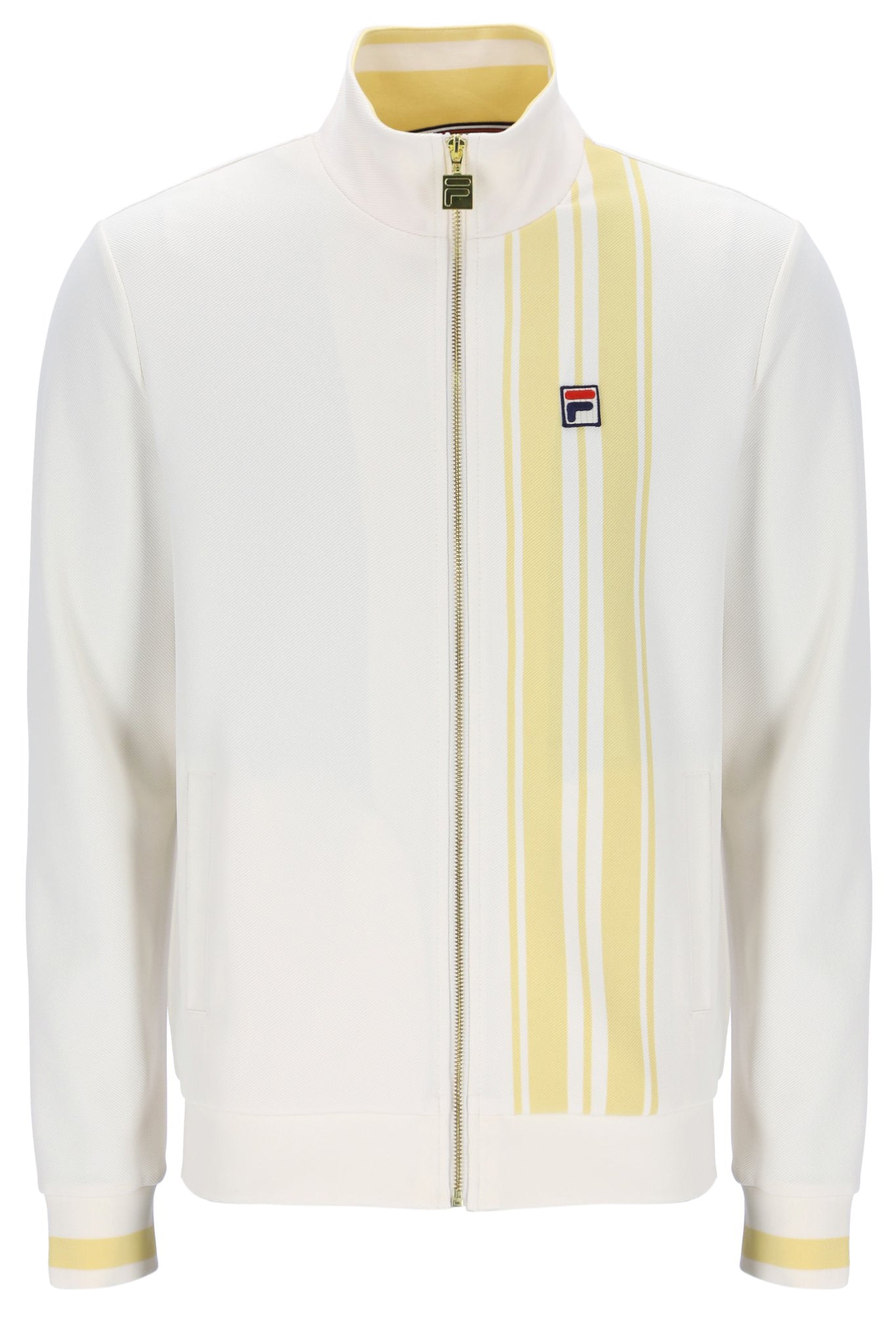 White jacket with yellow accents and a visible brand logo on a white background