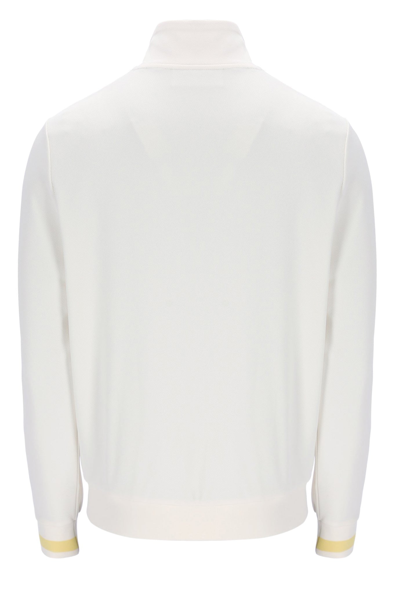 White sweater with yellow accents on a white background