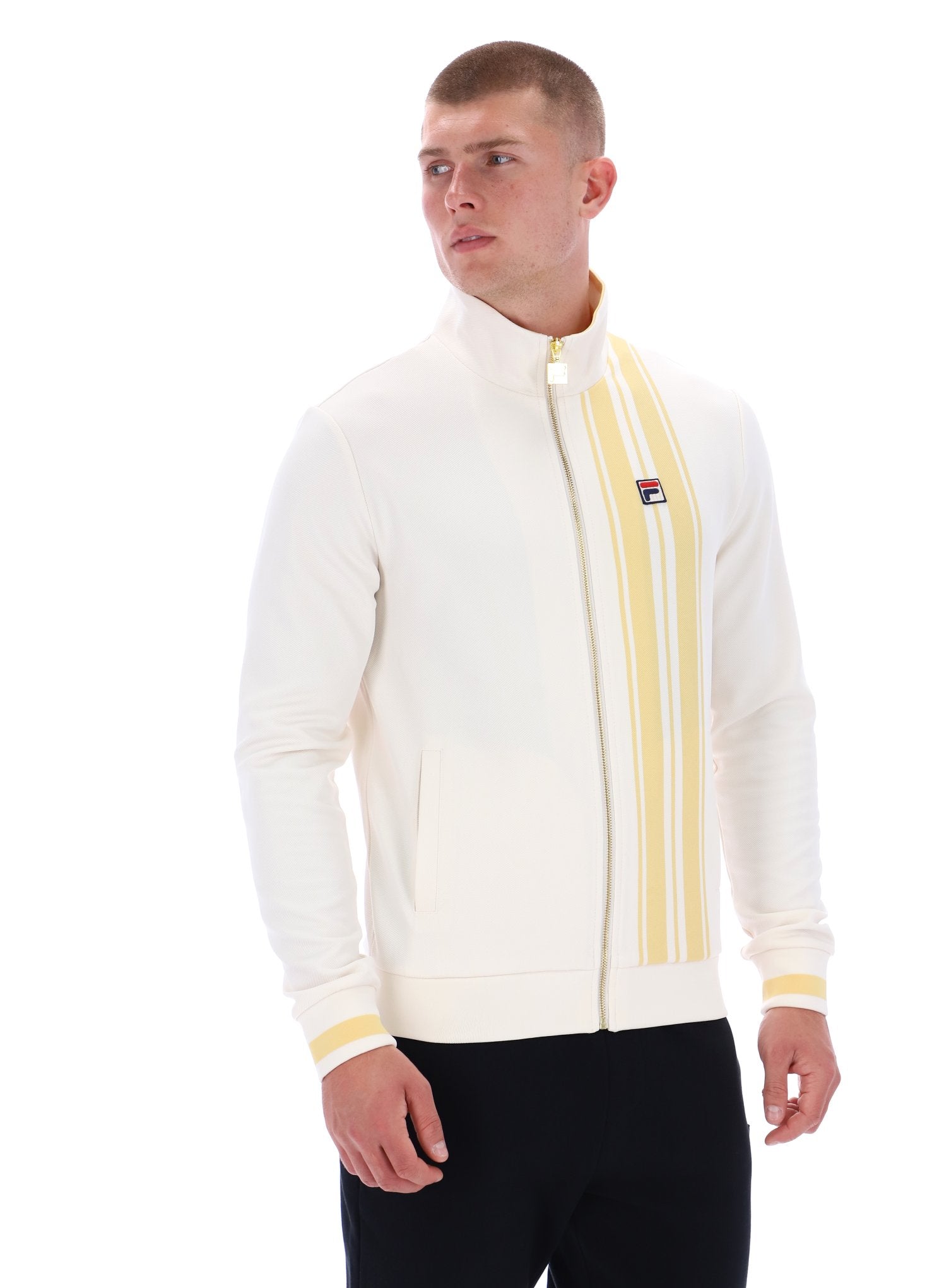 Man wearing a white jacket with yellow accents on a white background