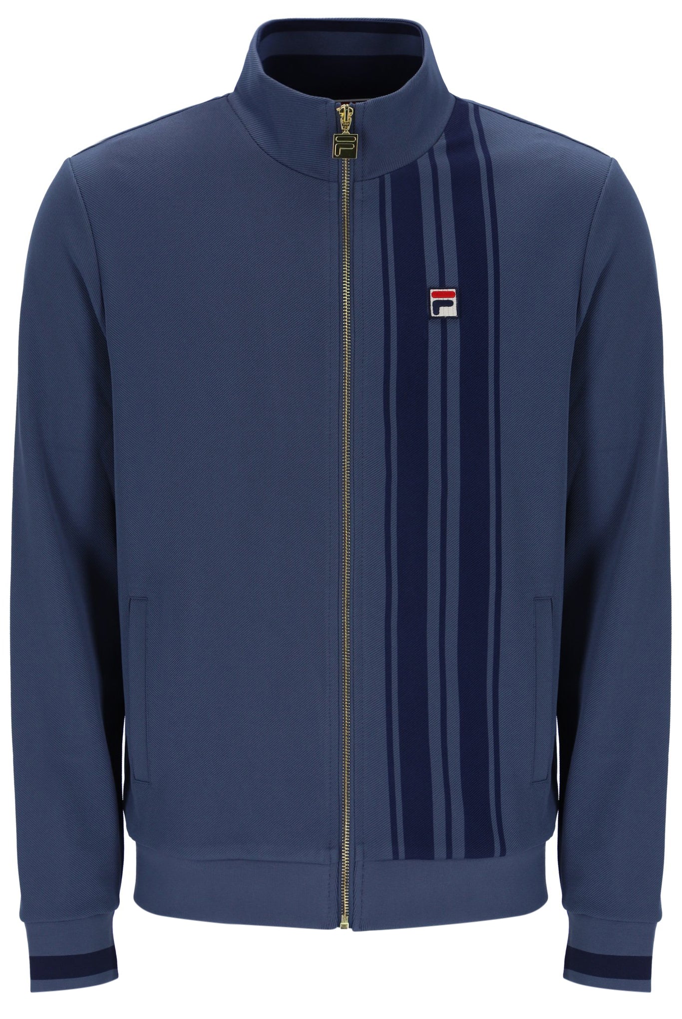 Blue jacket with a brand logo on a white background