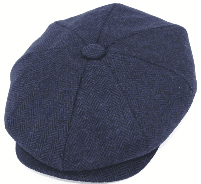 A navy blue herringbone pattern flat cap.