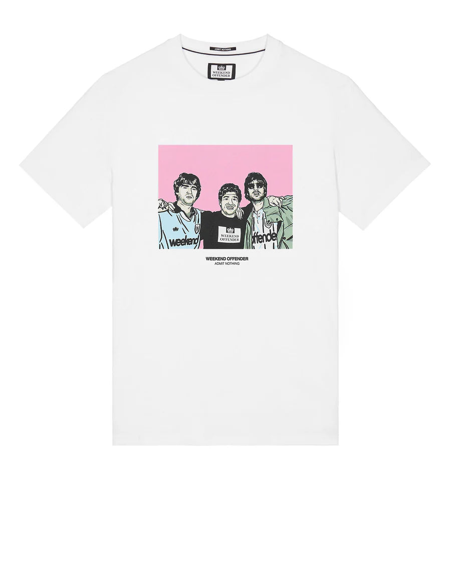 White crew neck t-shirt with a graphic print of a group of people, predominantly featuring a legendary footballer, on a pink background.
