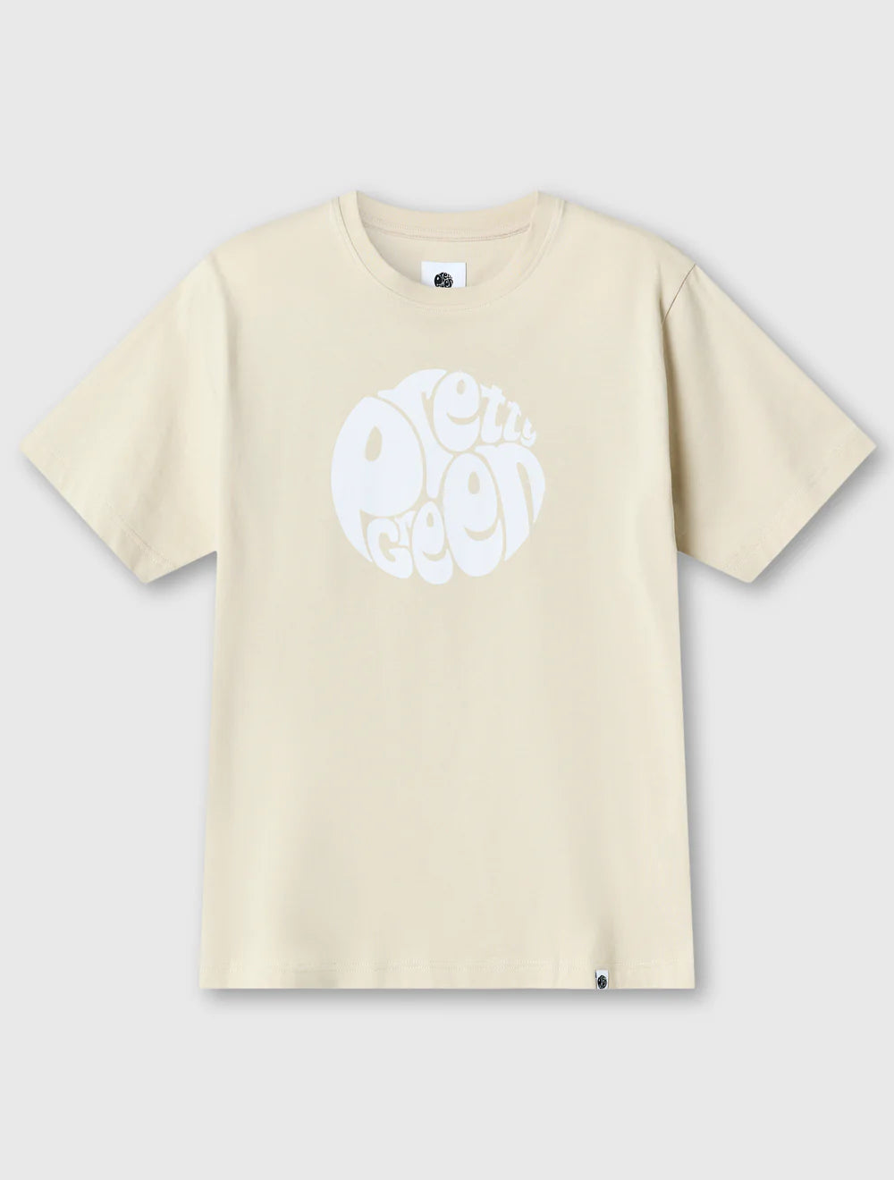 Beige t-shirt with a white logo on a light gray background