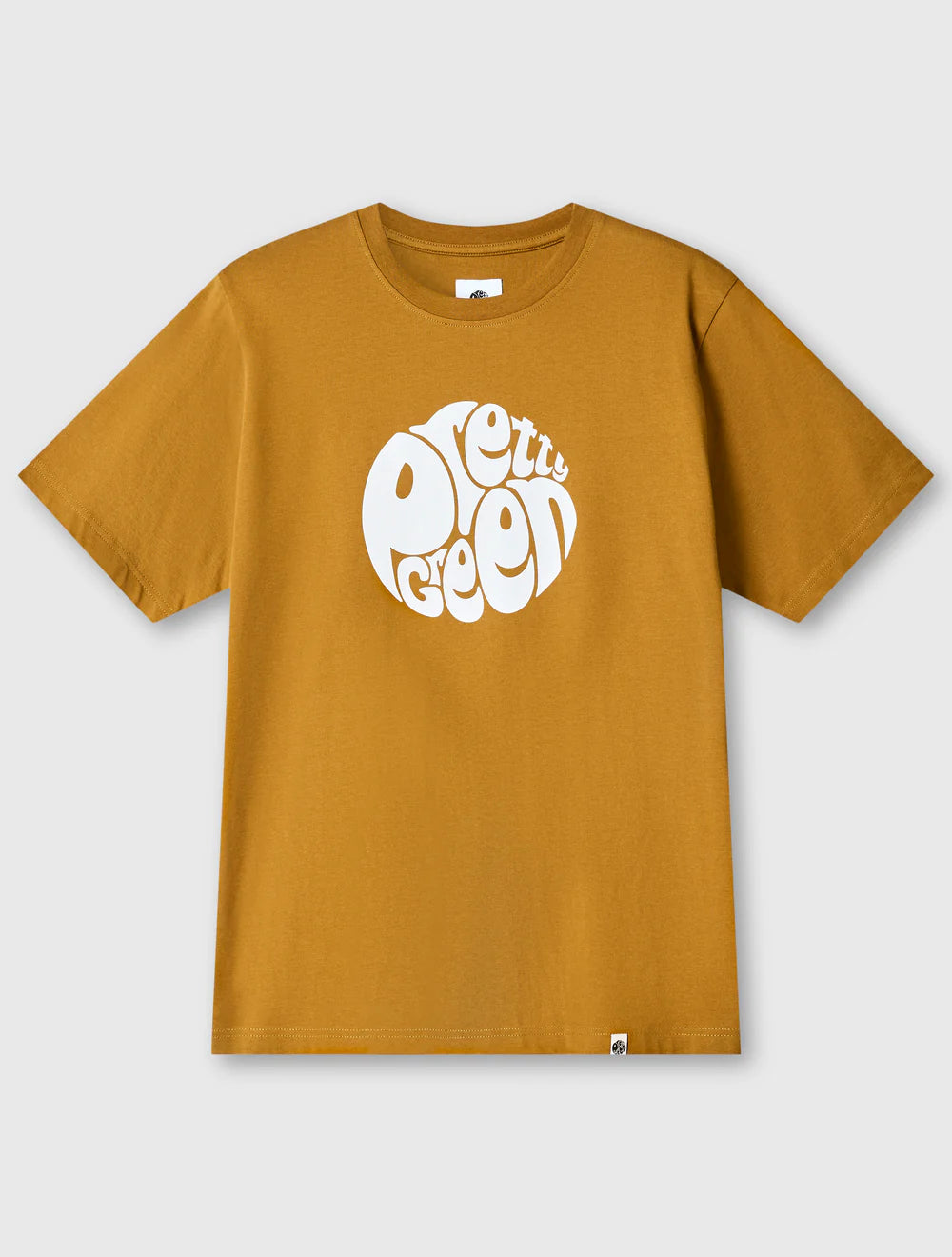 Mustard yellow t-shirt with a white logo on a light gray background
