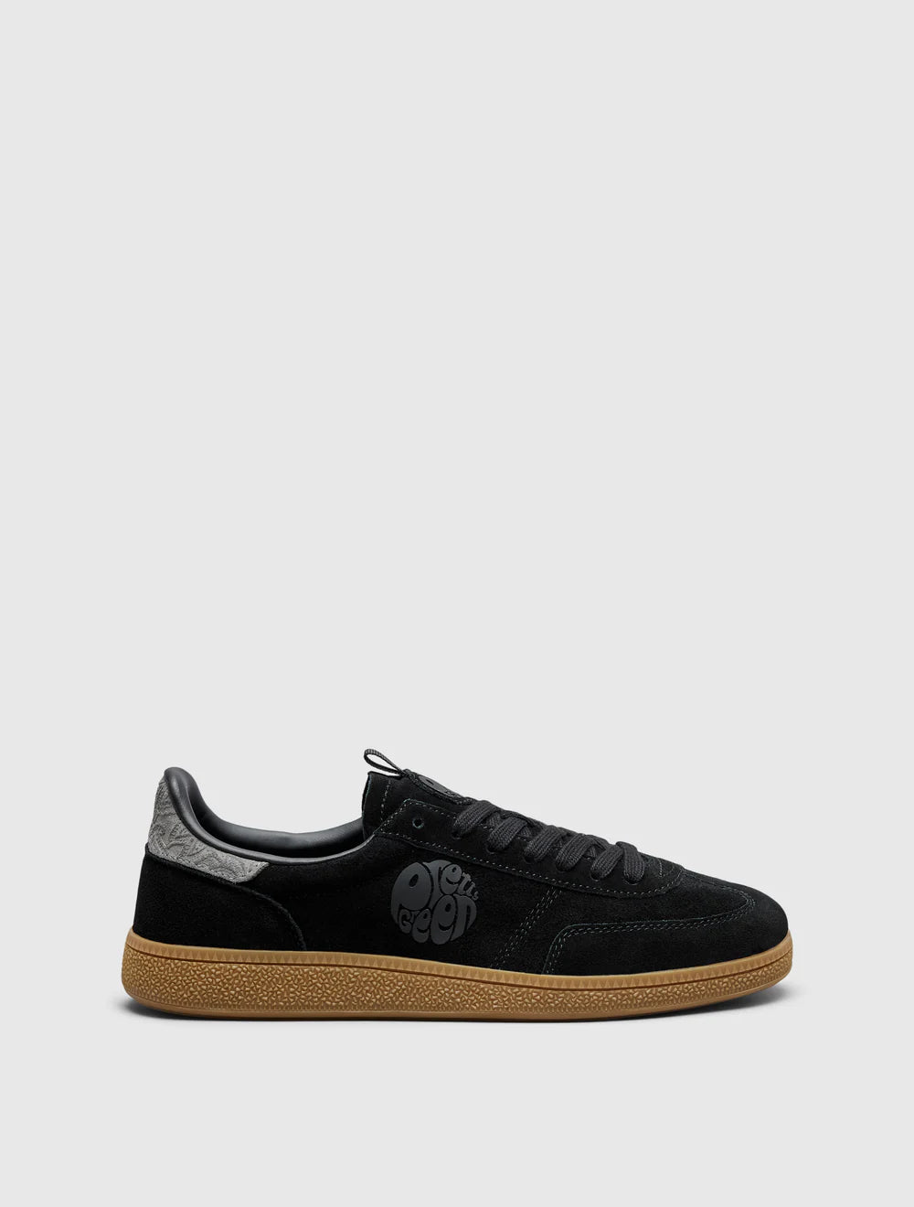A black Pretty Green trainer with a paisley graphic and logo, featuring a microfibre suede upper, contrast spoiler, and lace closure.