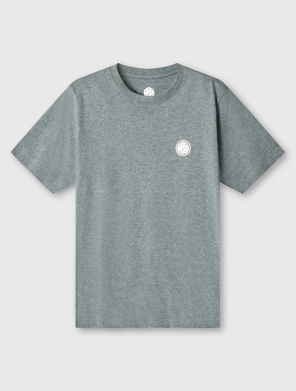 Gray t-shirt with a small logo on a light gray background