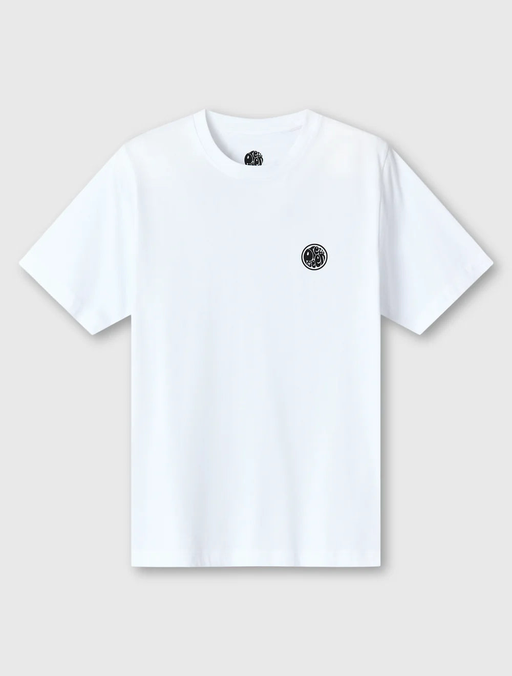 White t-shirt with black logo on a light gray background