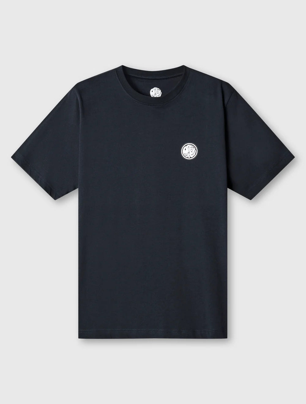 Black t-shirt with a small white logo on a light gray background