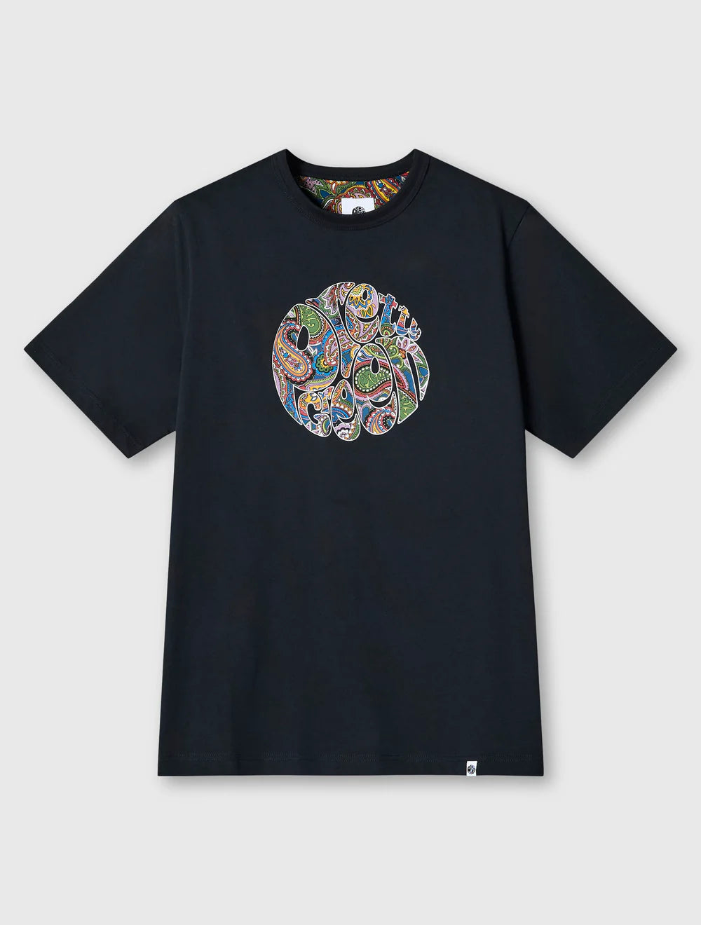 Black t-shirt with a colorful circular design on a light gray background