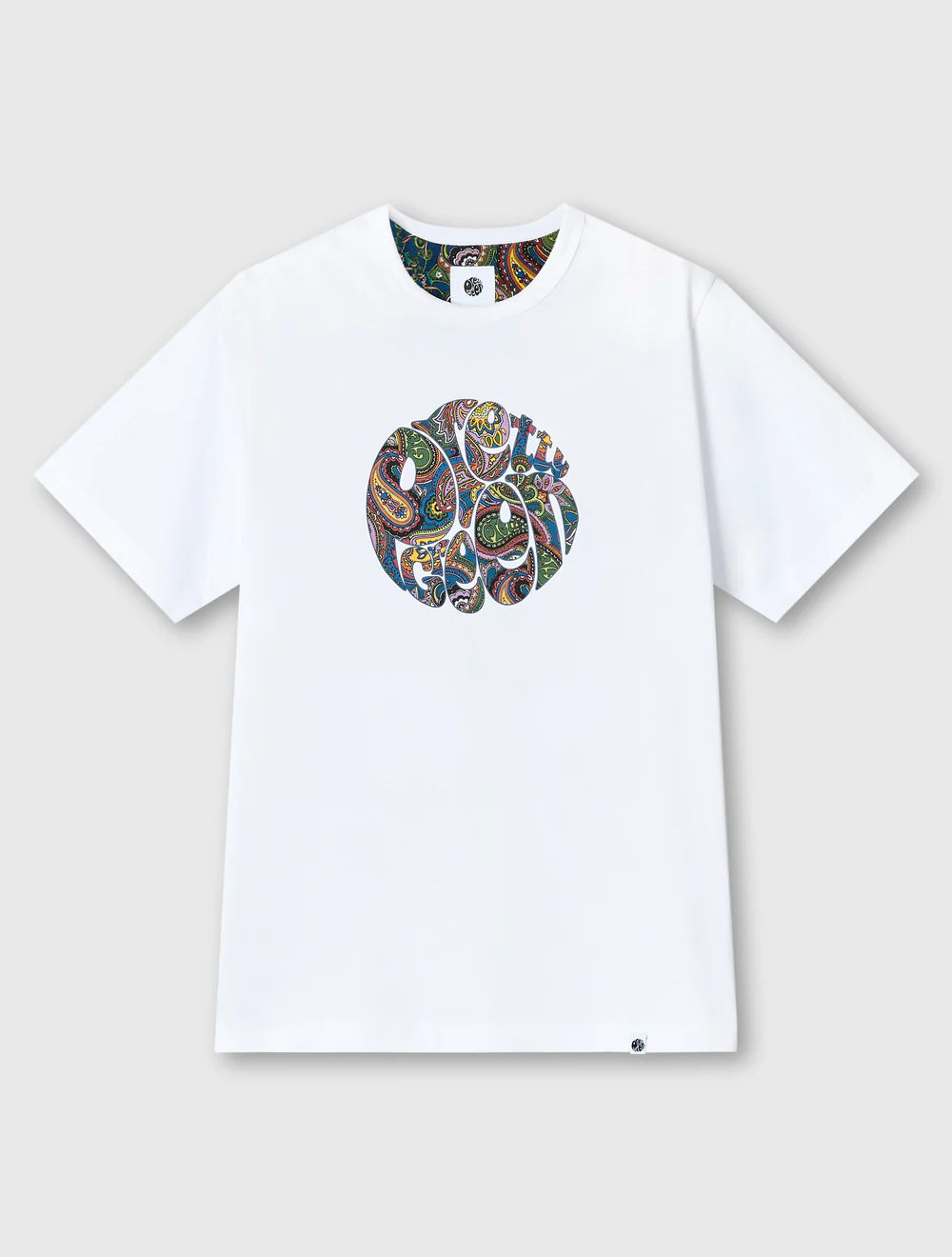 White t-shirt with a colorful graphic design on a light gray background
