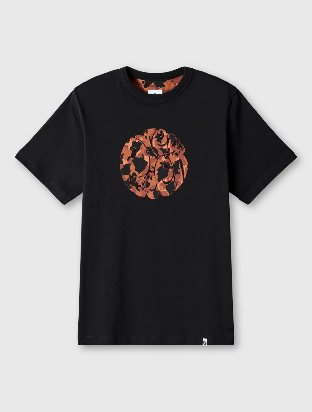 Black t-shirt with orange graphic design on a light gray background
