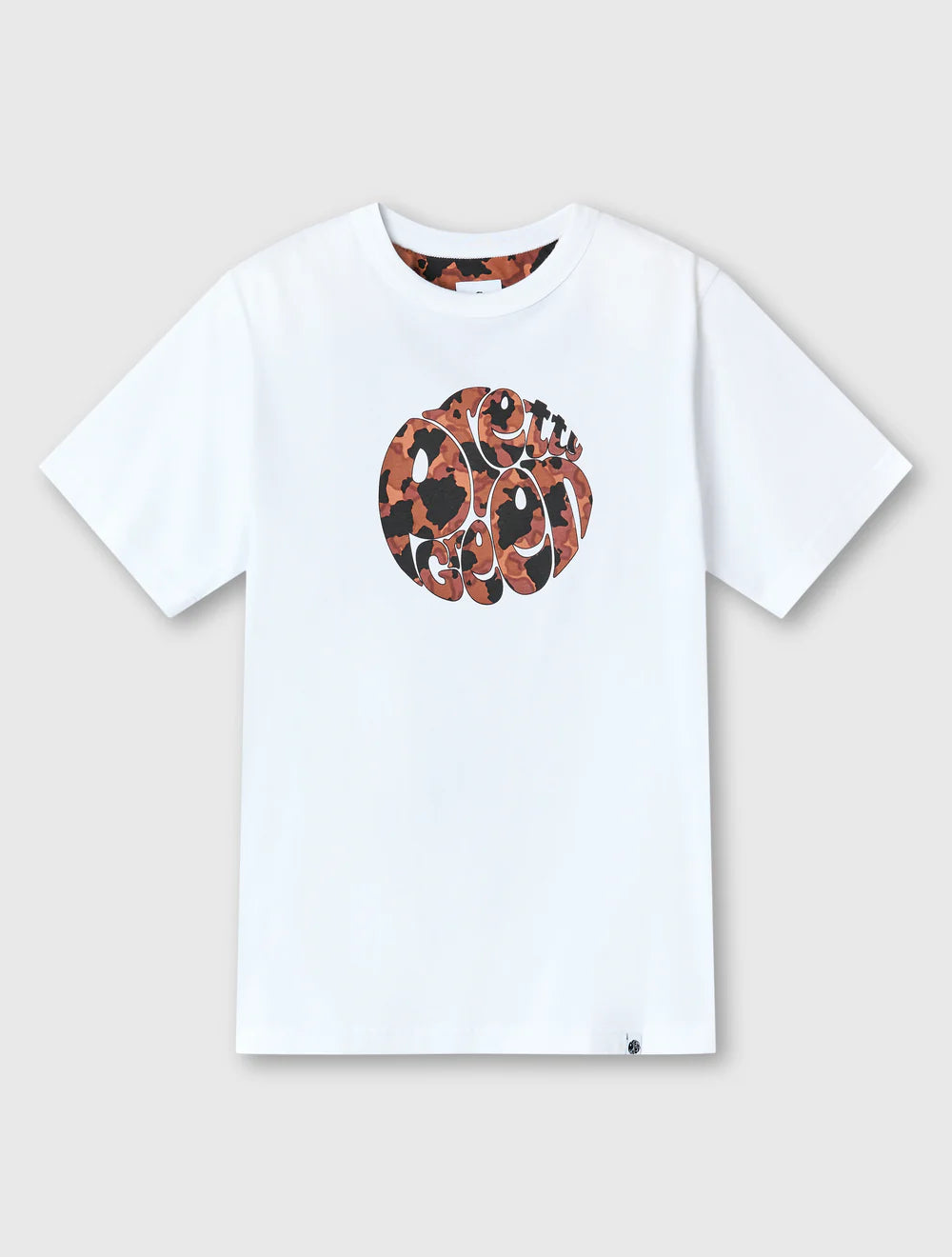 White t-shirt with a colorful snake graphic on a light gray background