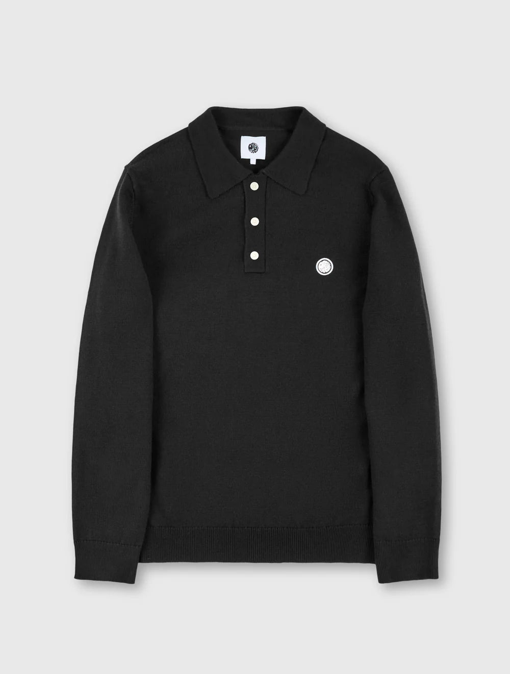 Black long-sleeve polo shirt with a logo on a light gray background