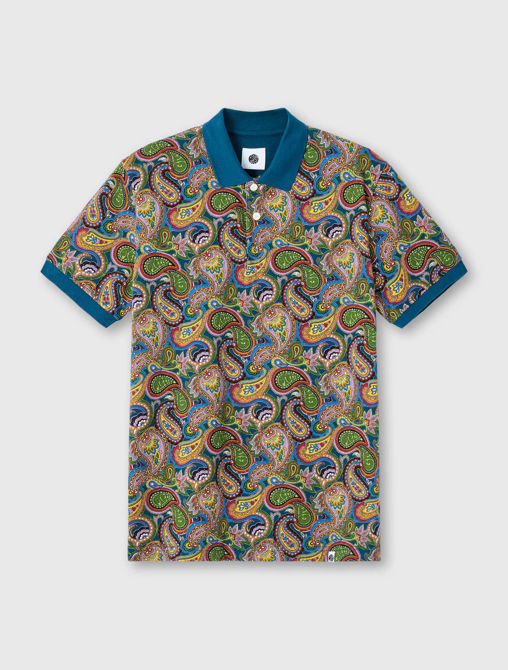 Colorful paisley patterned polo shirt on a white background
